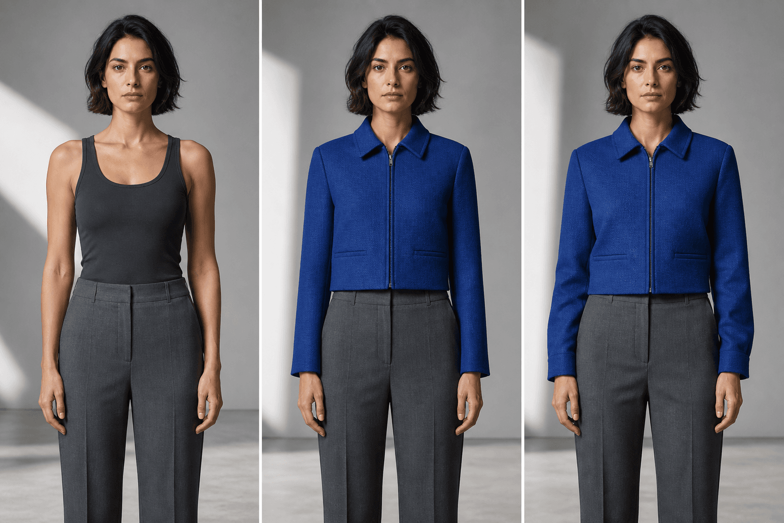 Person photo, virtual garment preview, and physical comparison arranged side by side